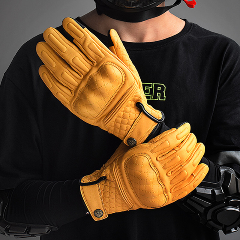 Motorcycle Gear Yellow - Retro Skórzane Rękawice Motocyklowe Pełne Palce